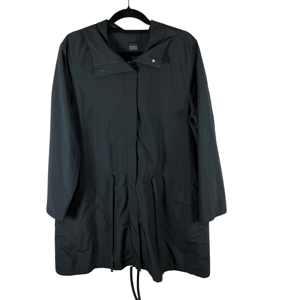 Eileen Fisher Hooded Parka Jacket Recycled Polyester Black Grey Large Designer